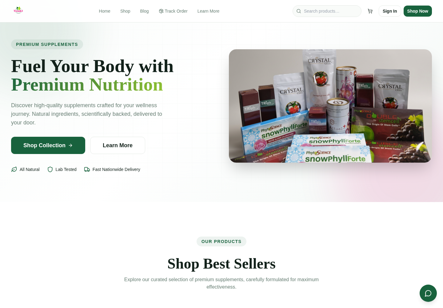 Tinadel Supplements Hub desktop homepage with its product collection and shop navigation